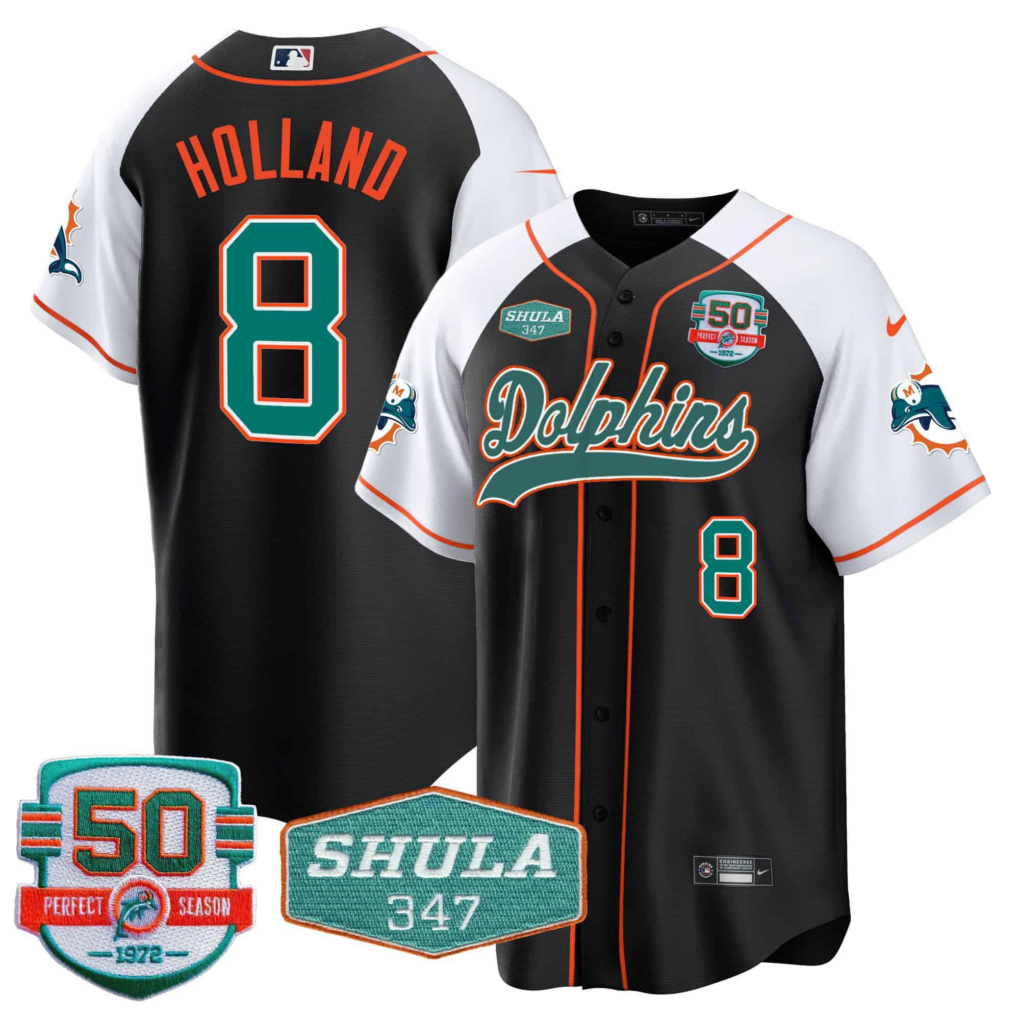 Men Miami Dolphins #8 Holland Black 2024 Nike 50th Don Shula Memorial Patch Baseball NFL Jersey